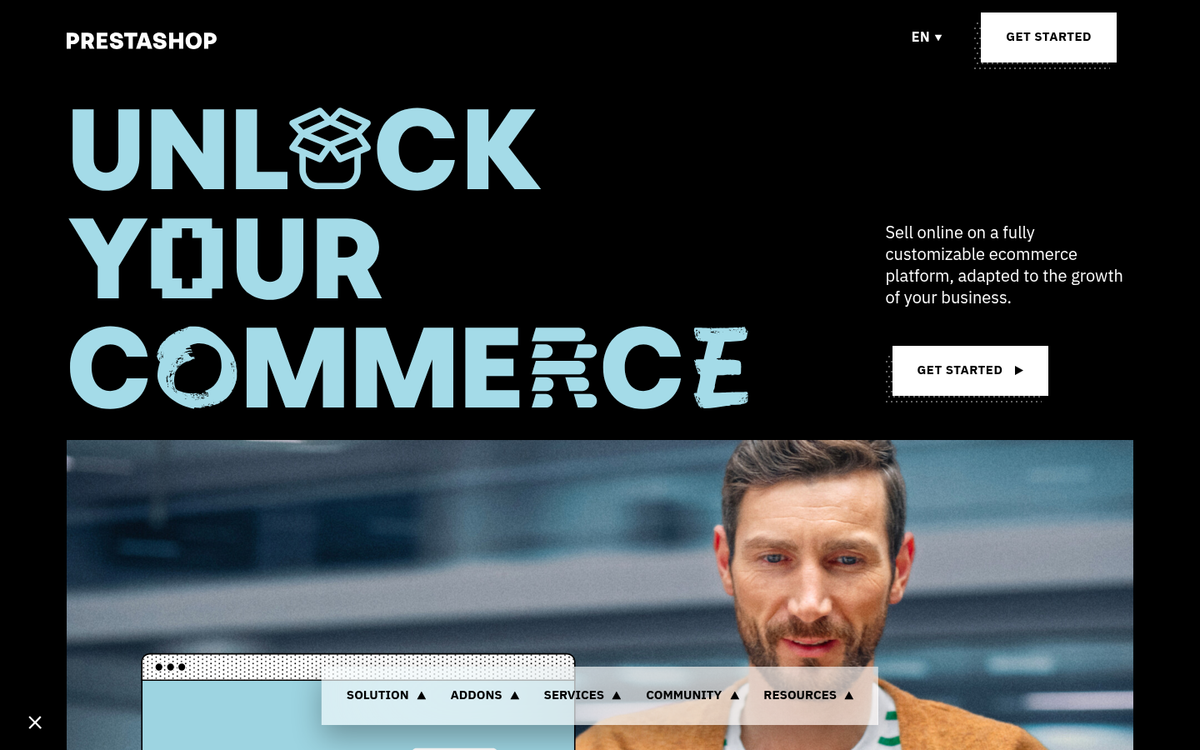 PrestaShop eCommerce platform homepage screenshot