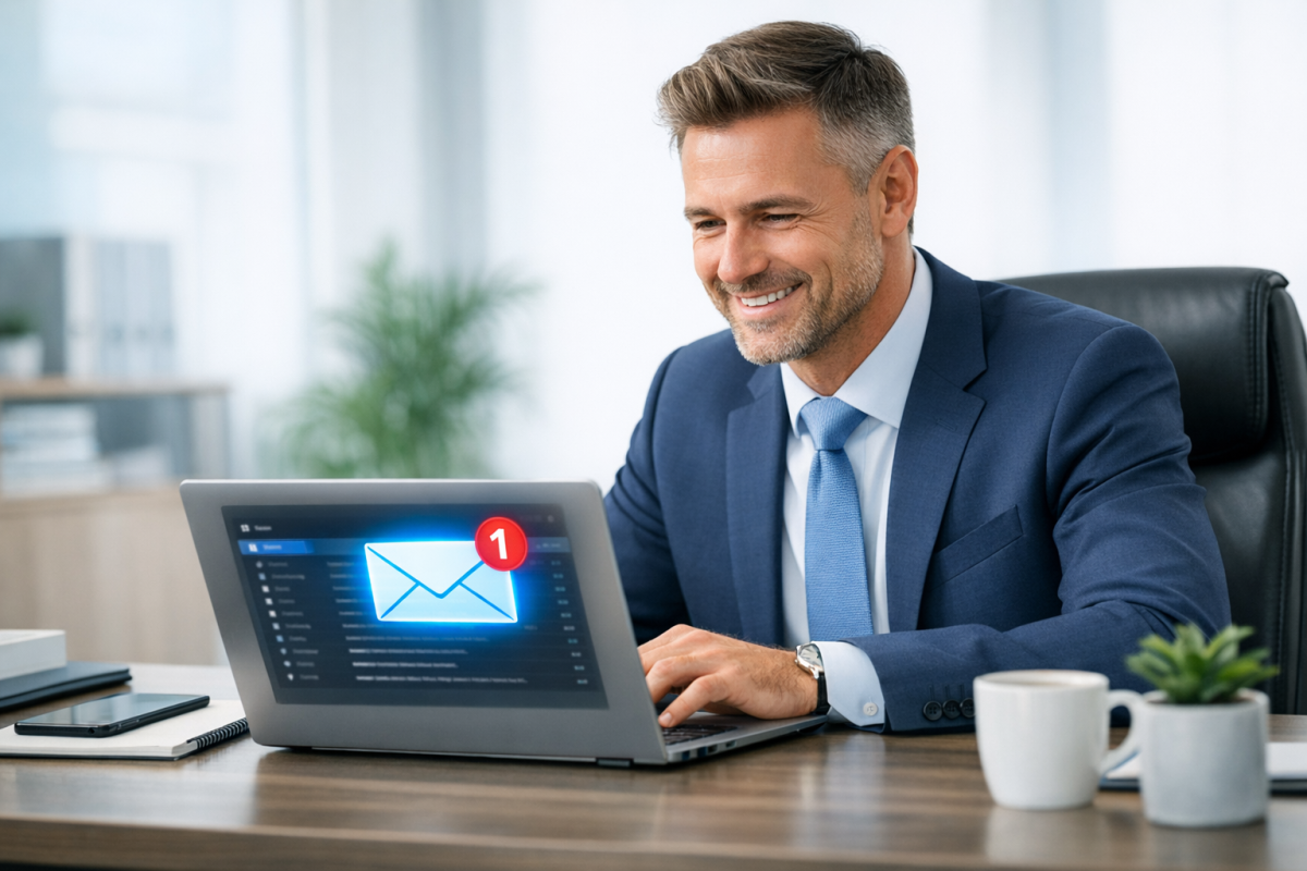 Person receiving welcome email on laptop