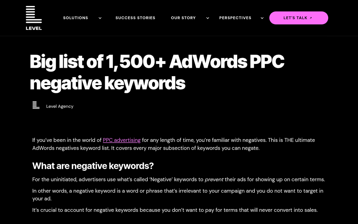 Negative keywords list in AdWords campaign