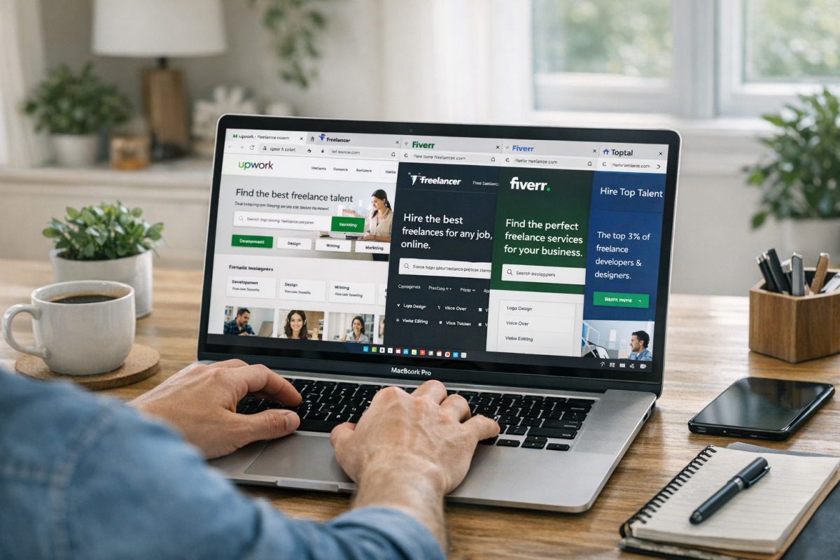 Freelancer browsing job listings on laptop