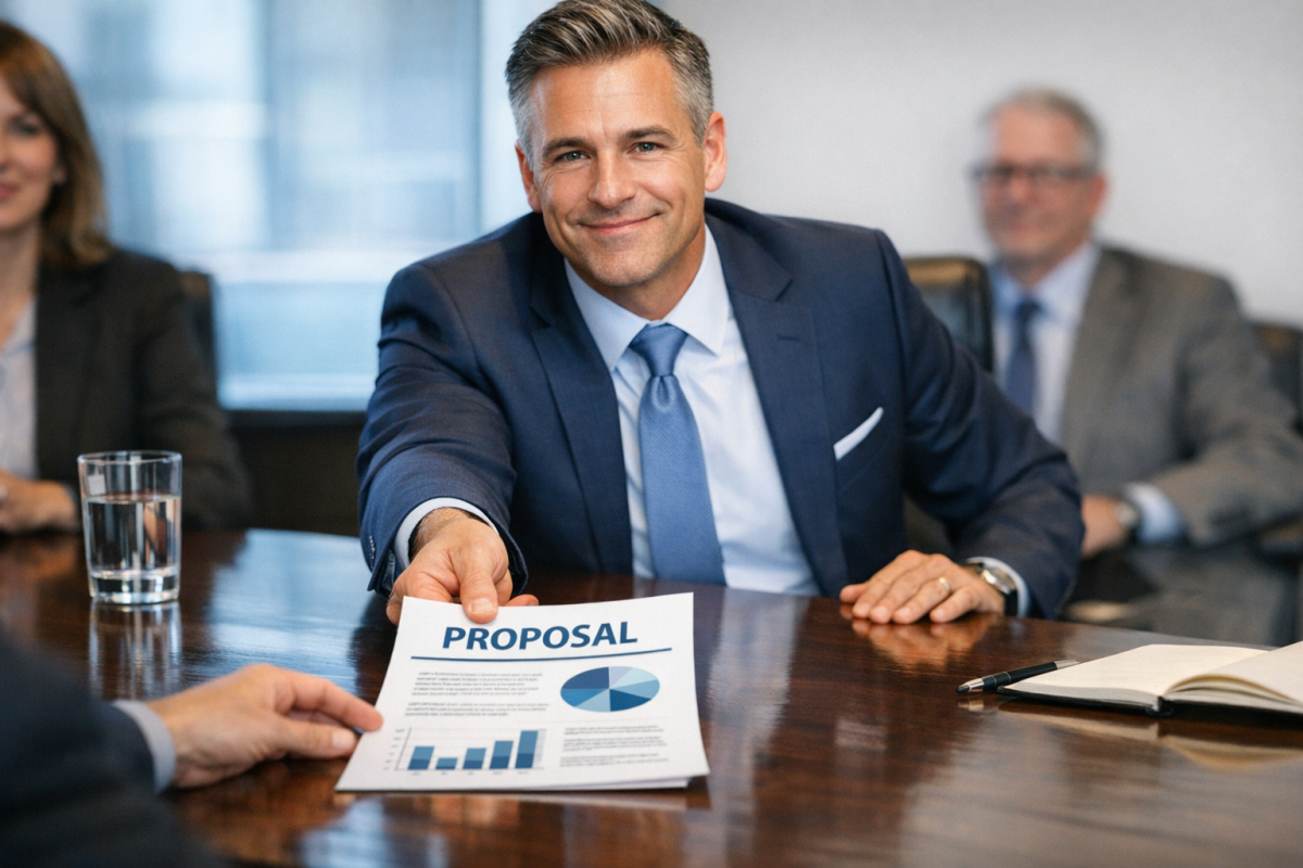 Handshake with clear contract terms visible