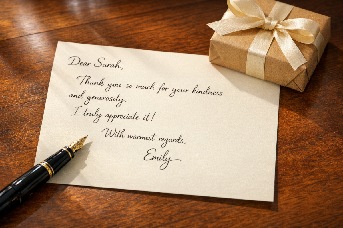 Person writing a heartfelt thank you note
