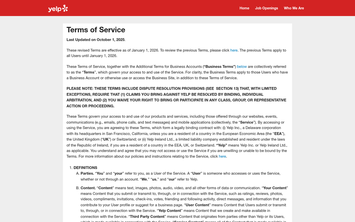Yelp terms of service webpage screenshot