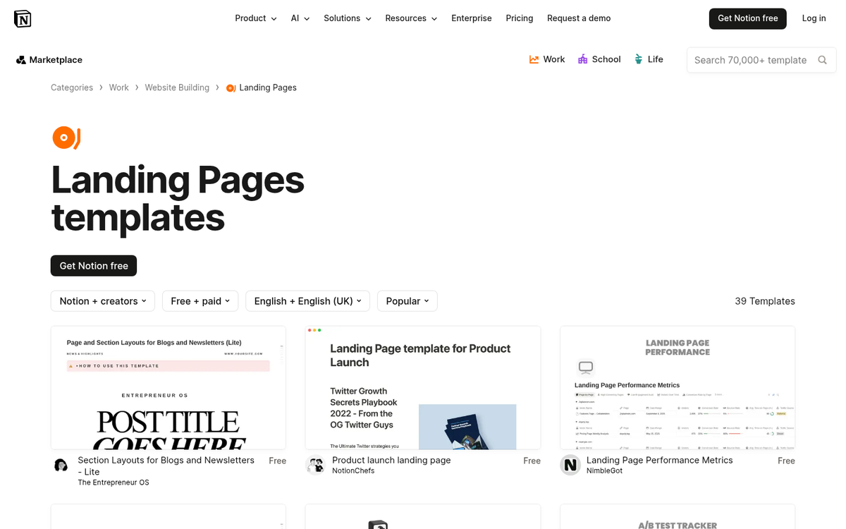 Notion landing page layout screenshot