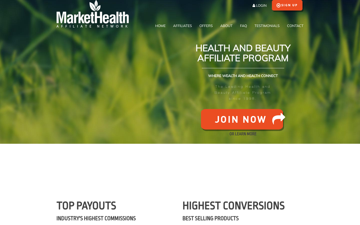 MarketHealth affiliate network homepage screenshot