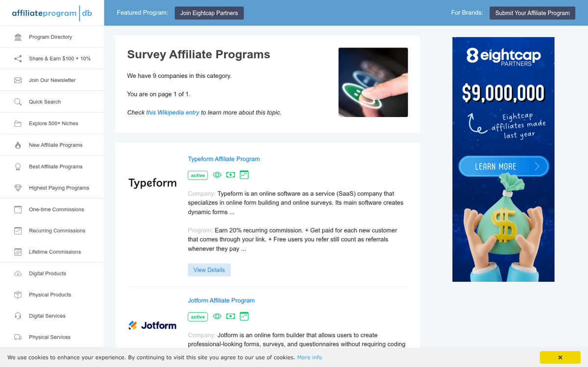 Survey affiliate program search results page