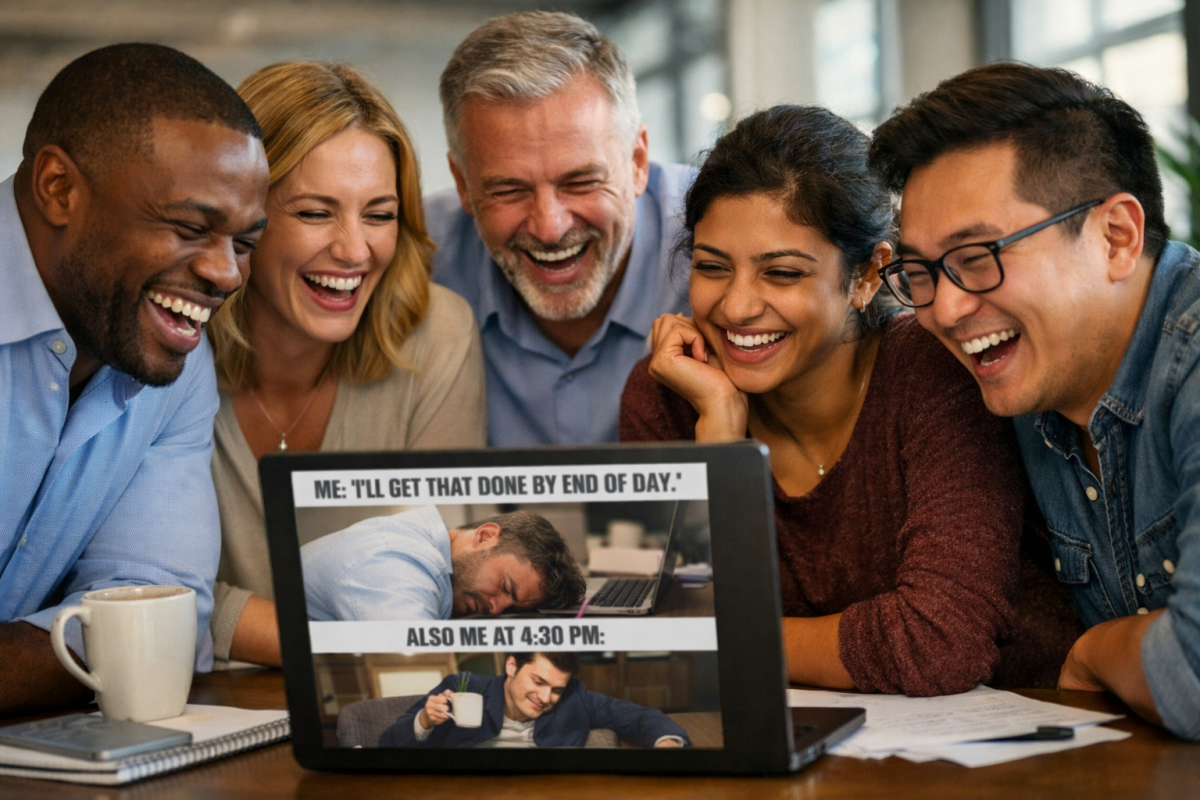 Laughing person looking at funny meme