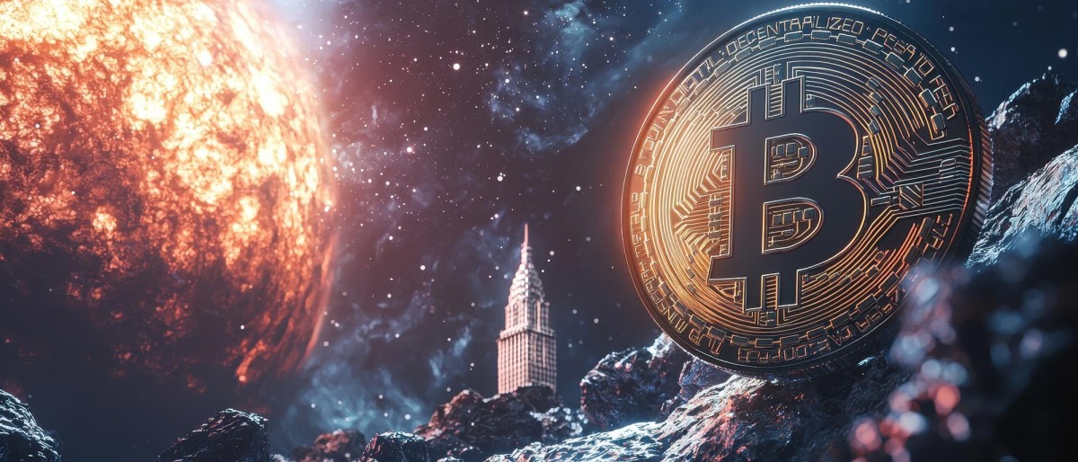 Cryptocurrency coins with caution warning sign