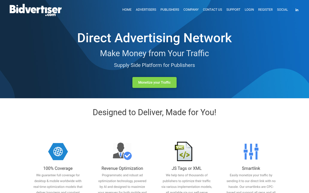 BidVertiser ad network homepage screenshot