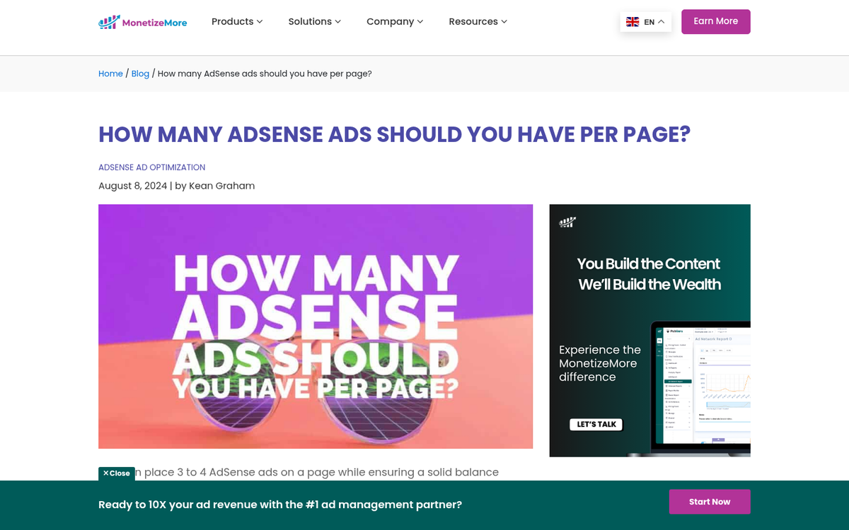 Website with balanced ad placement layout
