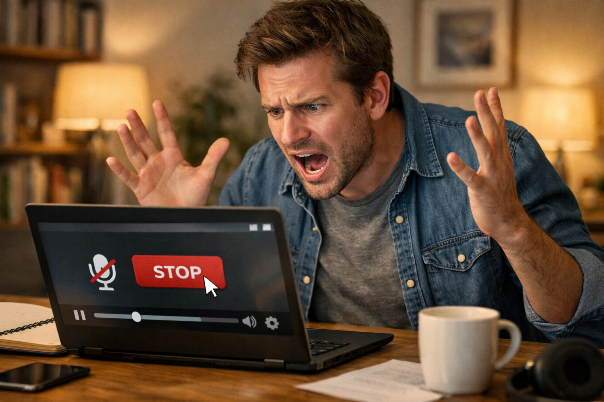 Frustrated user covering ears from loud video