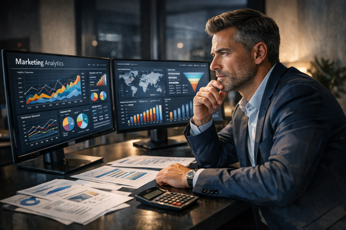 Person analyzing advertising budget on computer