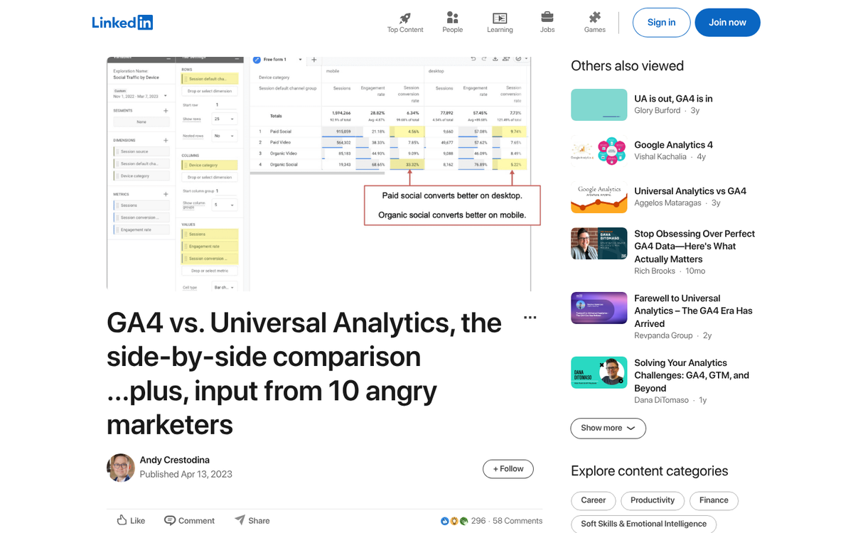 UA to GA4 migration data comparison chart