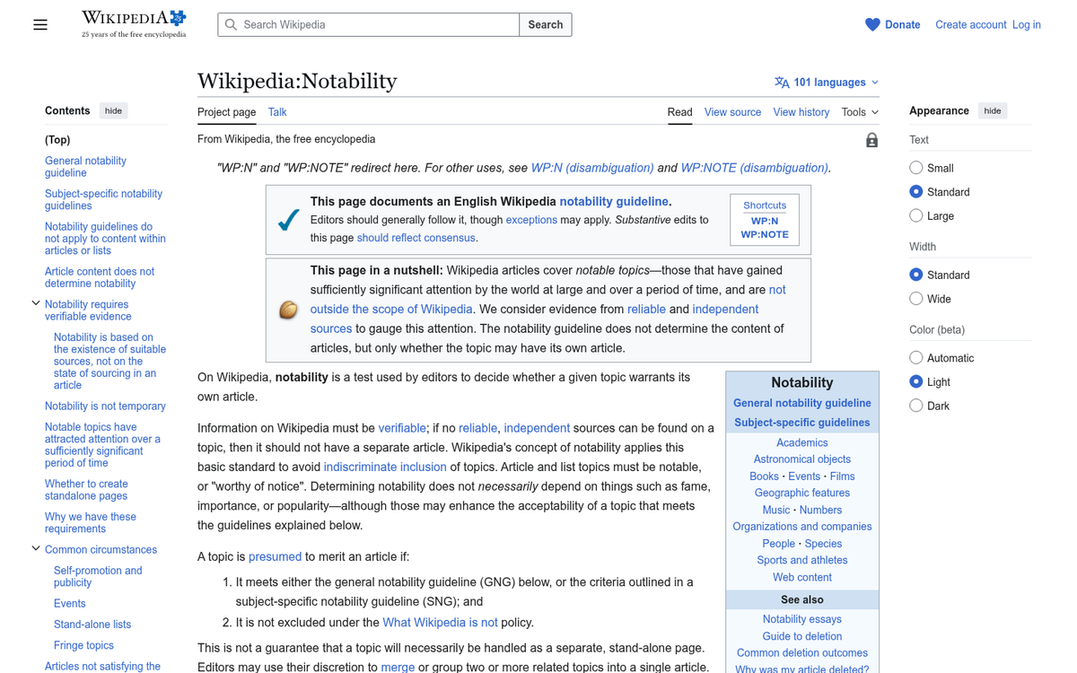 Wikipedia notability guidelines page on screen