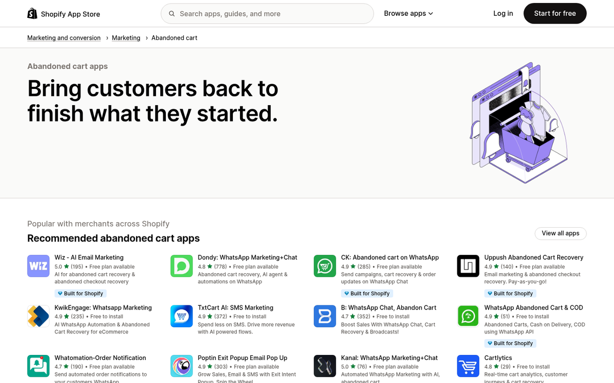 Shopify cart recovery app interface screenshot