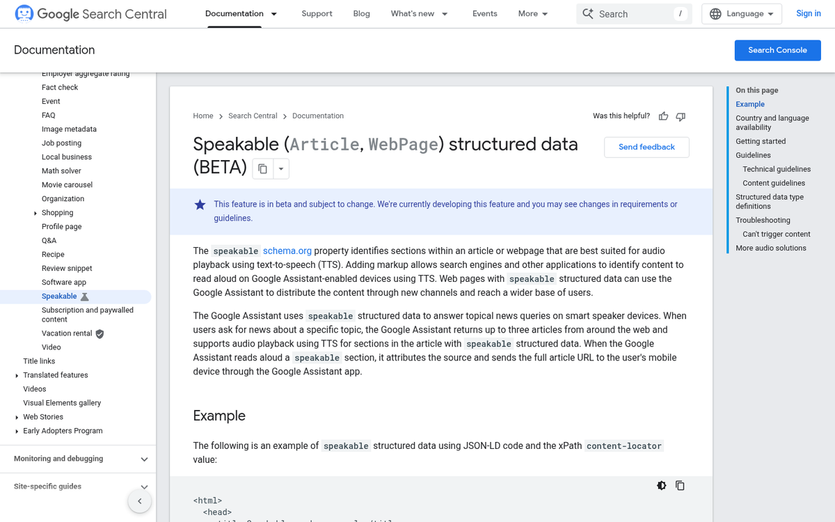 Speakable schema markup code structure example