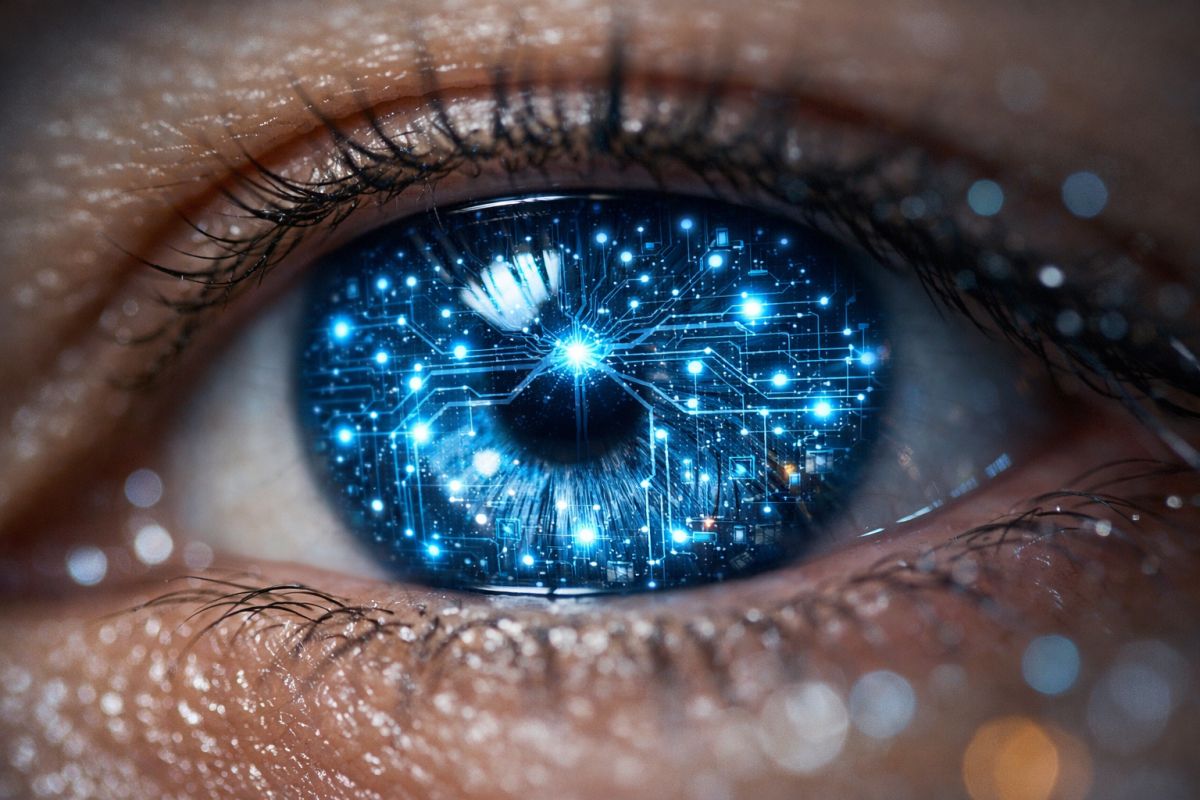 Robot reading a document with magnifying glass