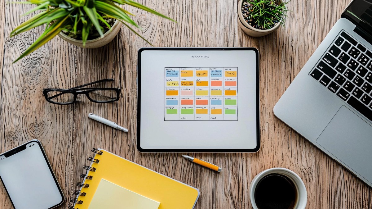 Person analyzing content planning calendar data