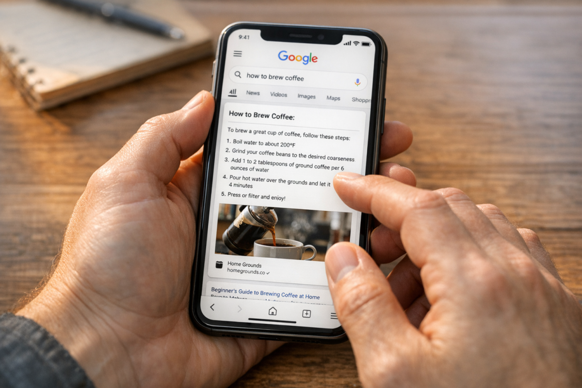 Person clicking on Google featured snippet result
