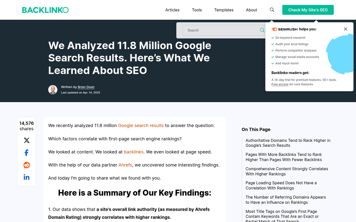 Website authority metrics and backlink profile dashboard