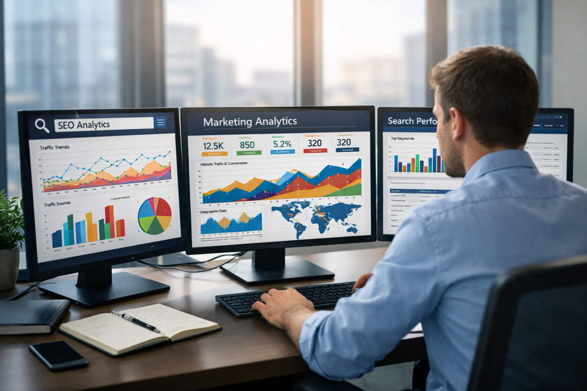 Search visibility metrics dashboard on screen