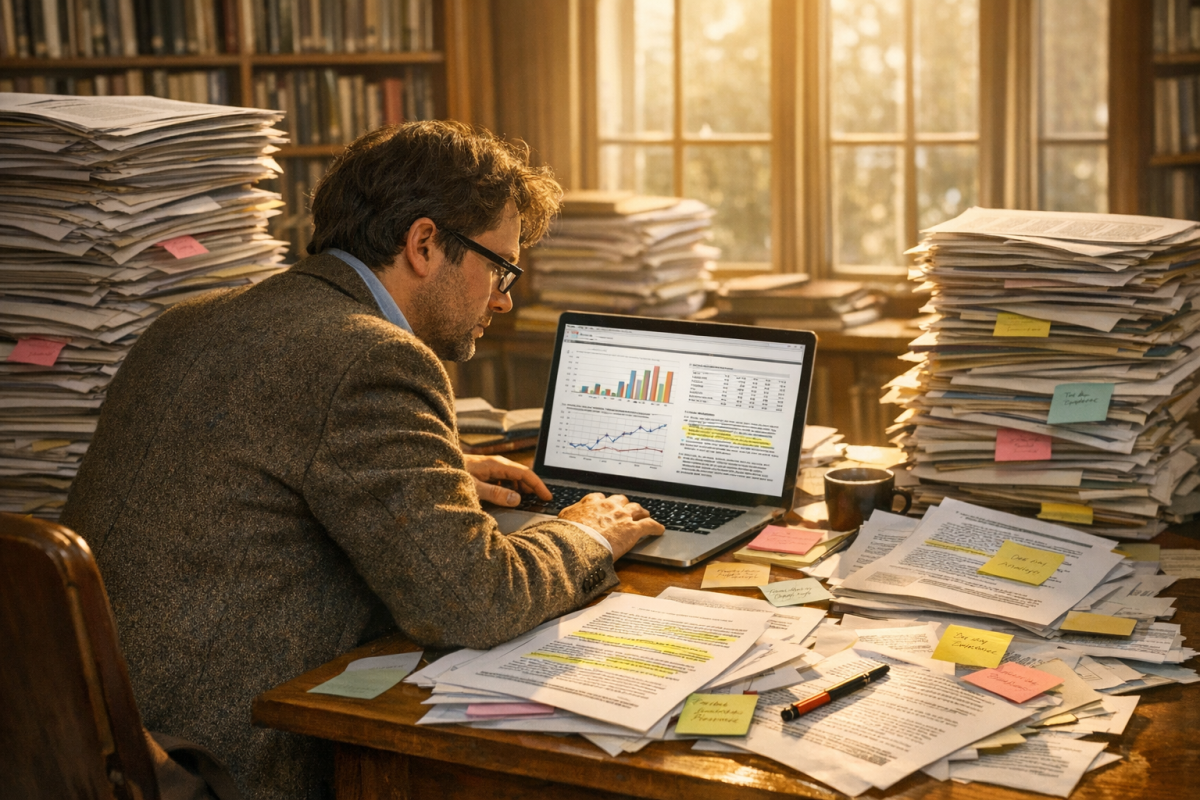 Researcher reviewing credibility study findings