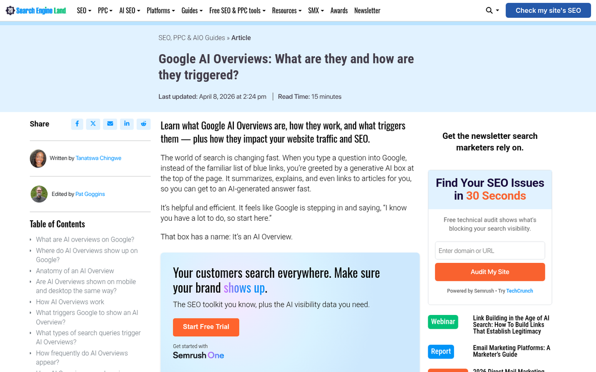 Search engine results page with blue links