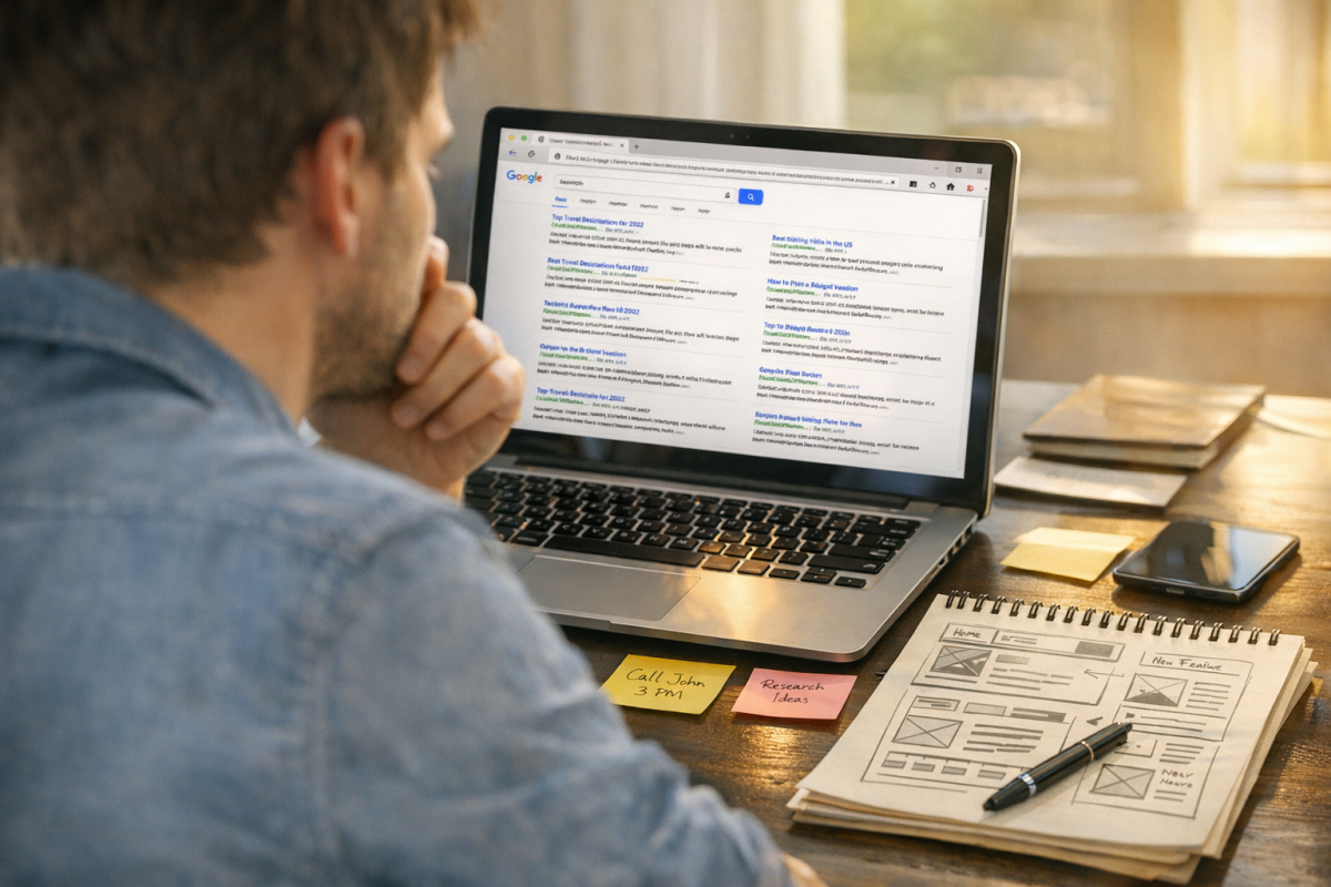 Person searching online finding relevant results