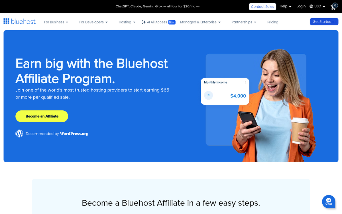 Bluehost website affiliate program homepage screenshot