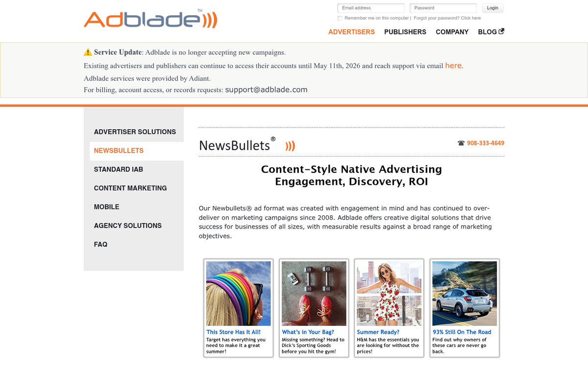 Adblade advertising platform benefits overview screenshot