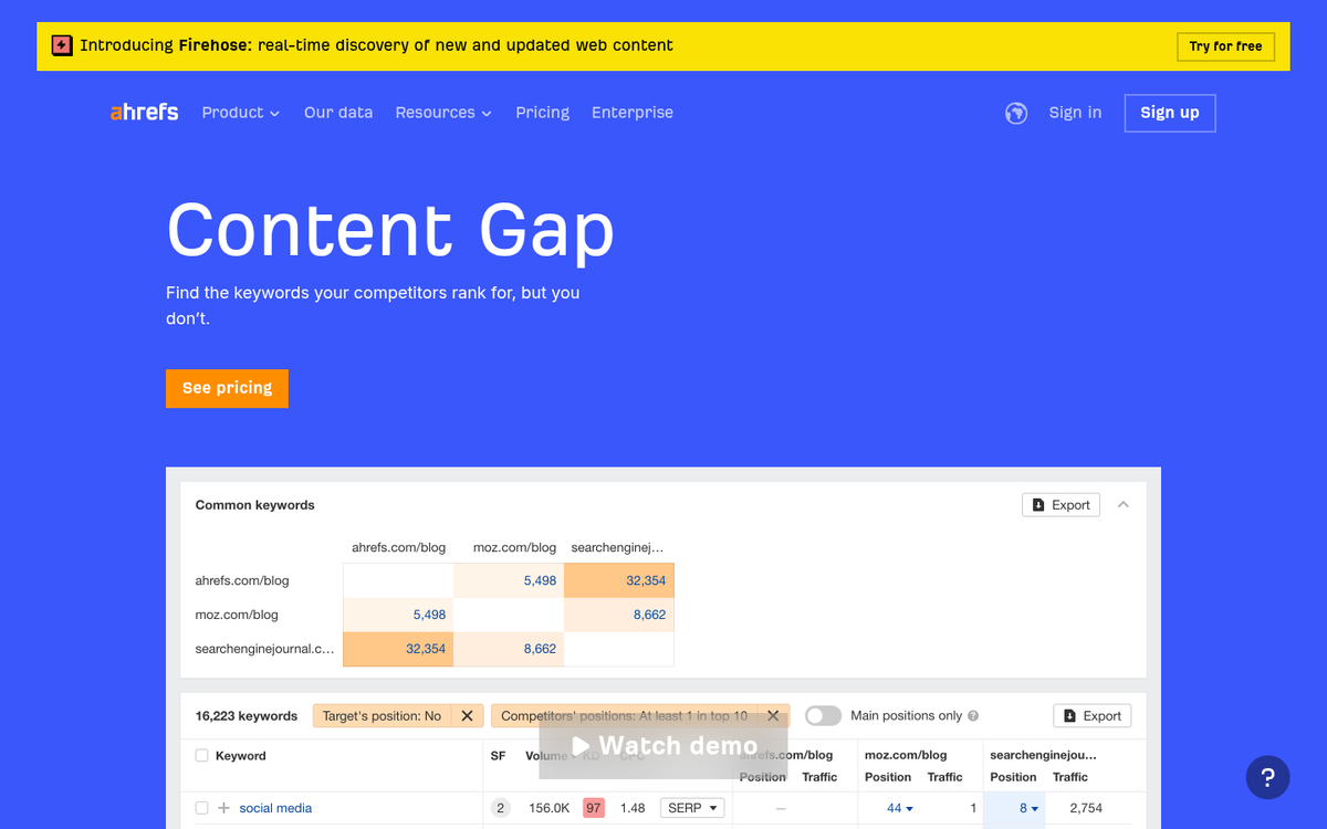 Ahrefs content gap analysis tool interface