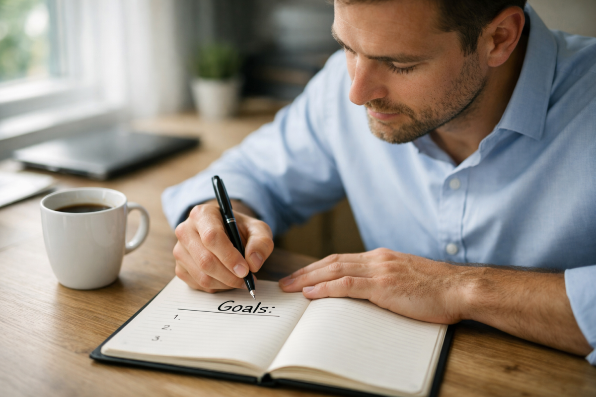Person writing financial goals in notebook
