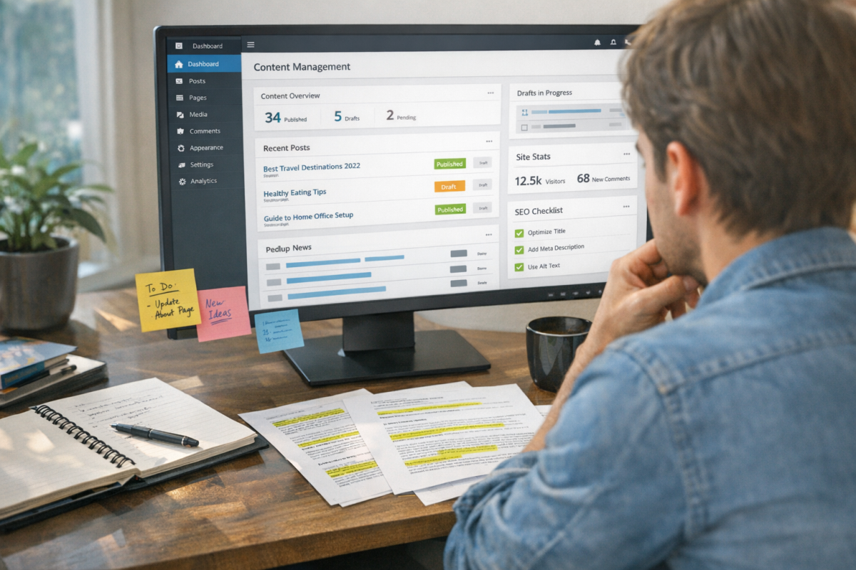 Person reviewing old website content pages
