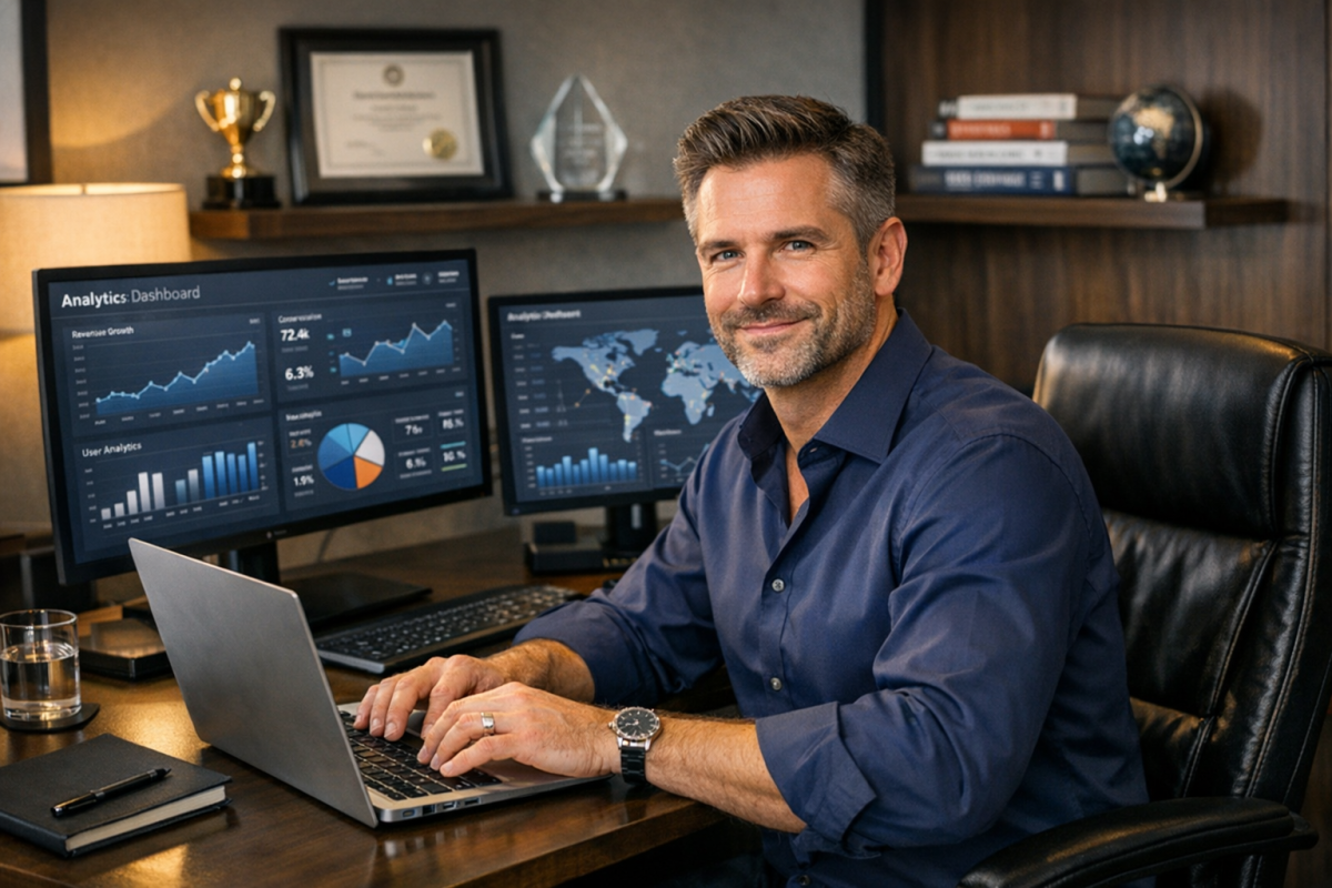 Blogger typing on laptop at desk