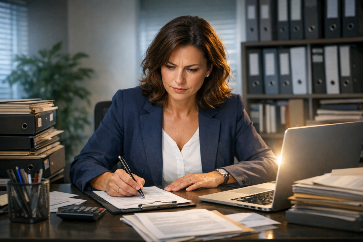 Person updating business details on screen