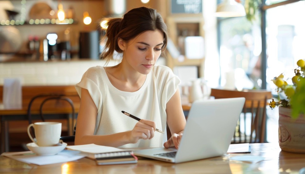 Blogger working at desk with laptop