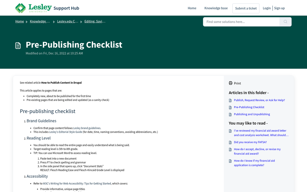 Checklist on screen before publishing content